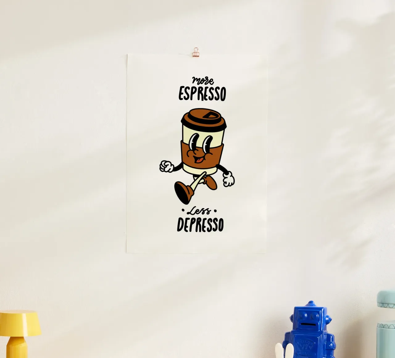 Mehr Espresso, weniger Depresso, Retro-Kaffee zum Mitnehmen Cartoon Hahnemühle von Peaches Art Prints