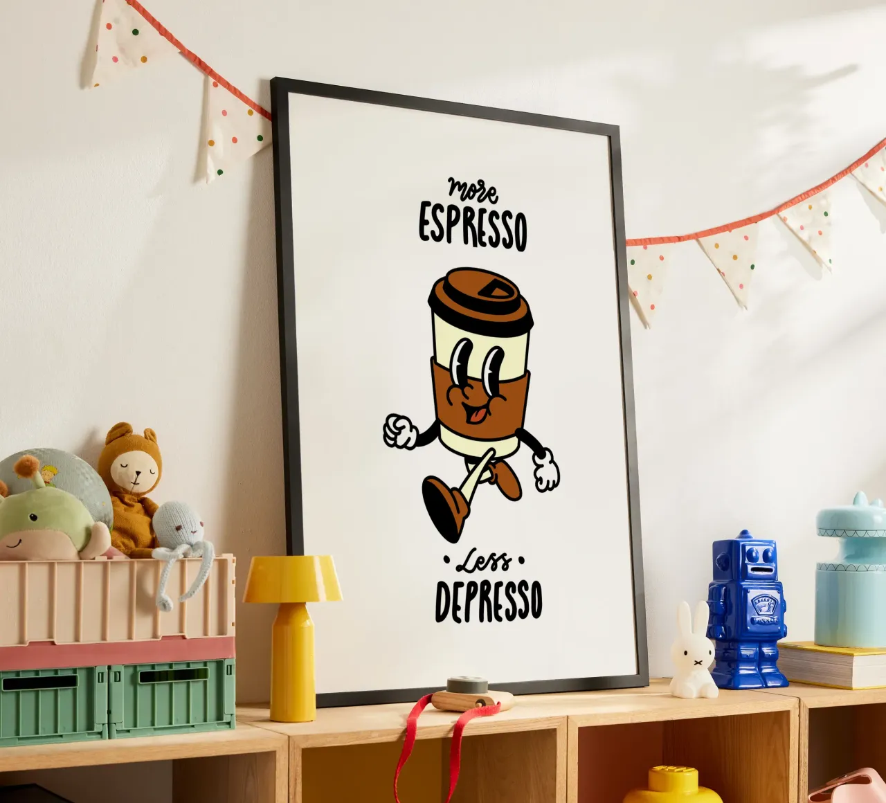 Mehr Espresso, weniger Depresso, Retro-Kaffee zum Mitnehmen Cartoon Hahnemühle von Peaches Art Prints