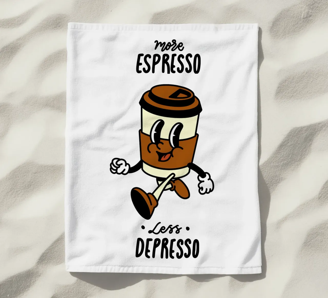 More Espresso, Less Depresso, Retro Take Away Coffee Cartoon telo mare da Peaches Art Prints