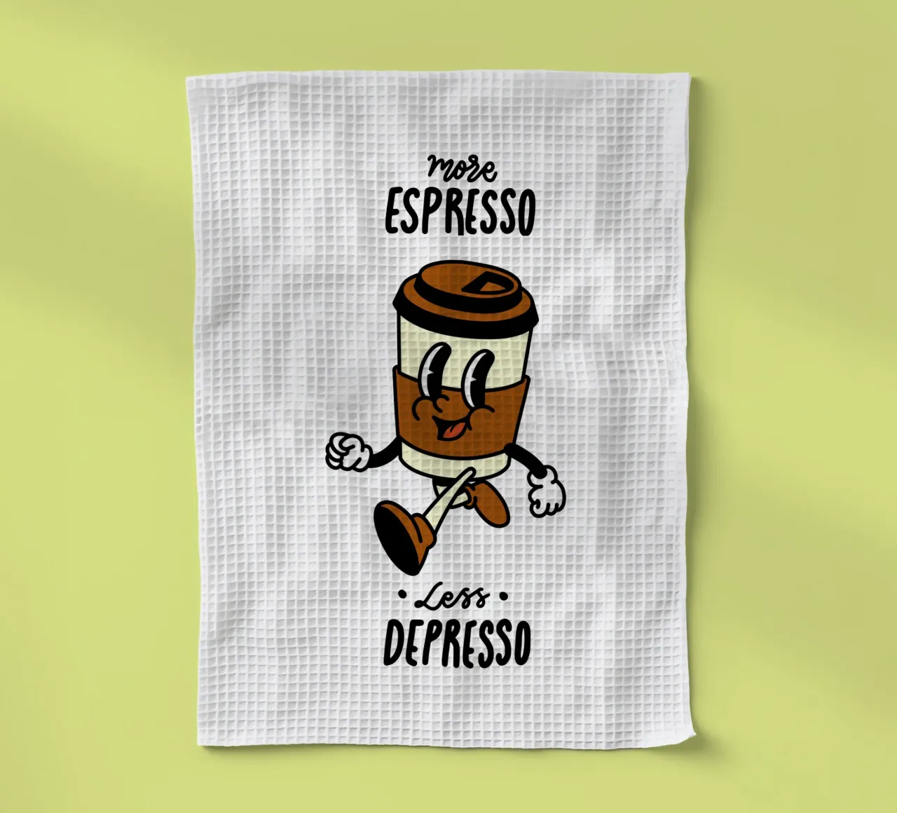 Plus d'expresso, moins de dépresso, caricature de café à emporter rétro torchon de Peaches Art Prints