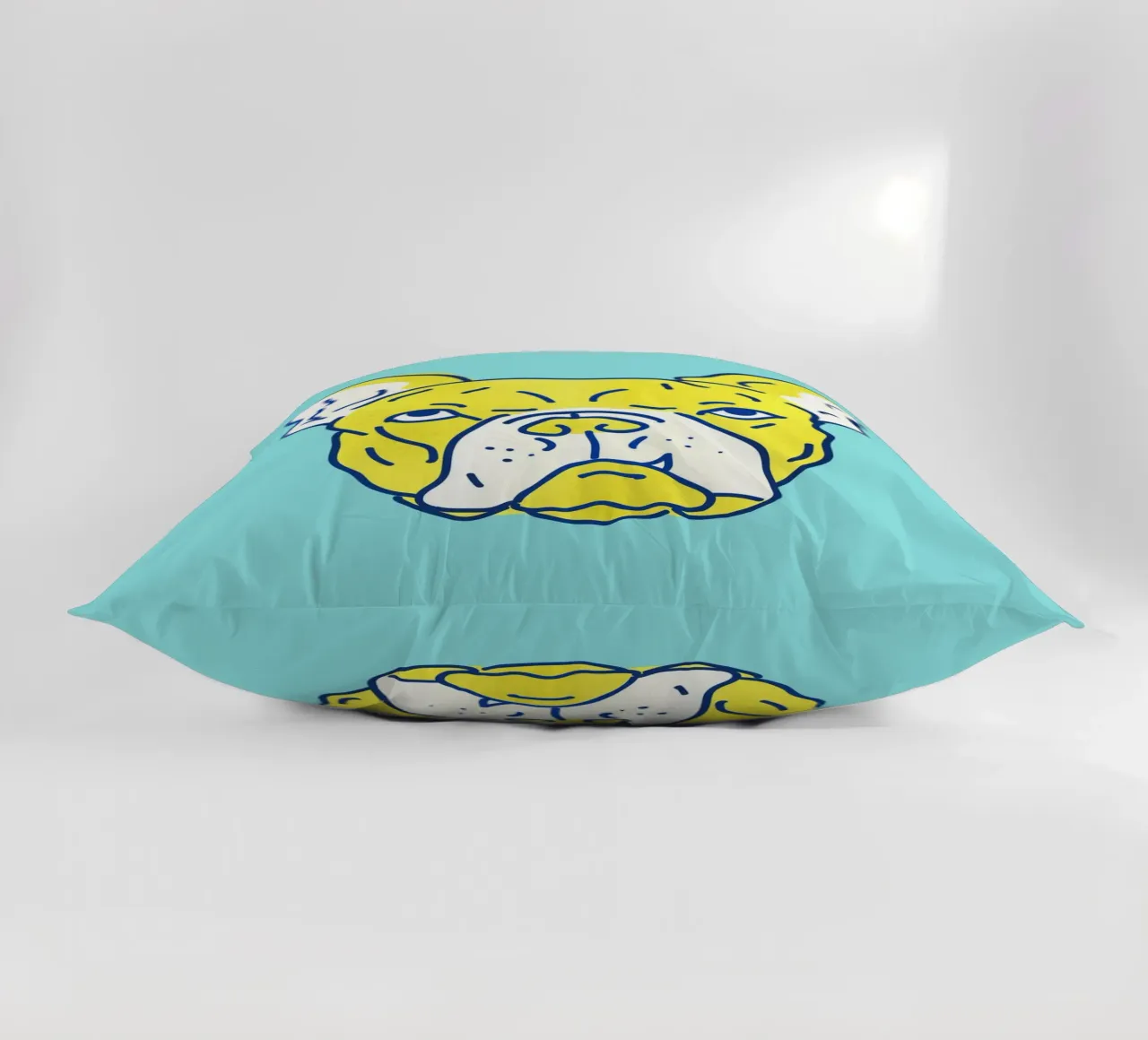 Pop Art Bulldog Portrait in Neon Blue and Yellow cuscino da showmemars