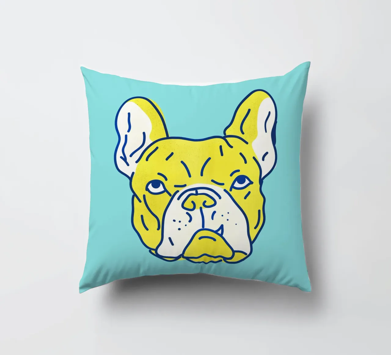 Pop Art Bulldog Portrait in Neon Blue and Yellow cuscino da showmemars