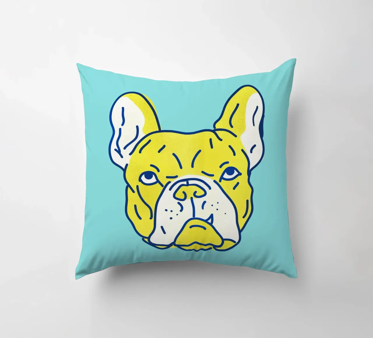 Pop Art Bulldog Portrait in Neon Blue and Yellow cuscino da showmemars