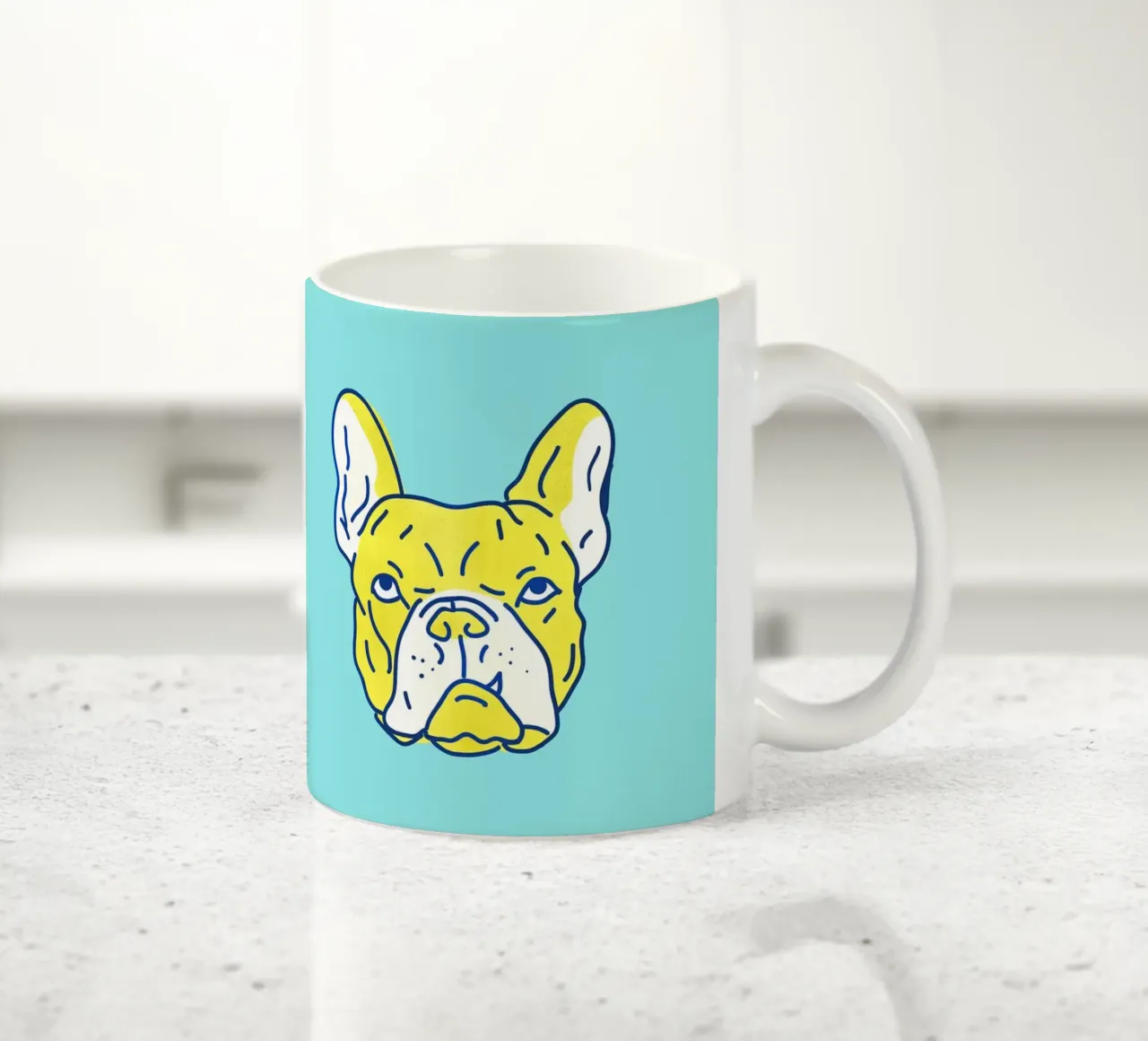Pop Art Bulldog Portrait in Neon Blue and Yellow tazza in ceramica da showmemars