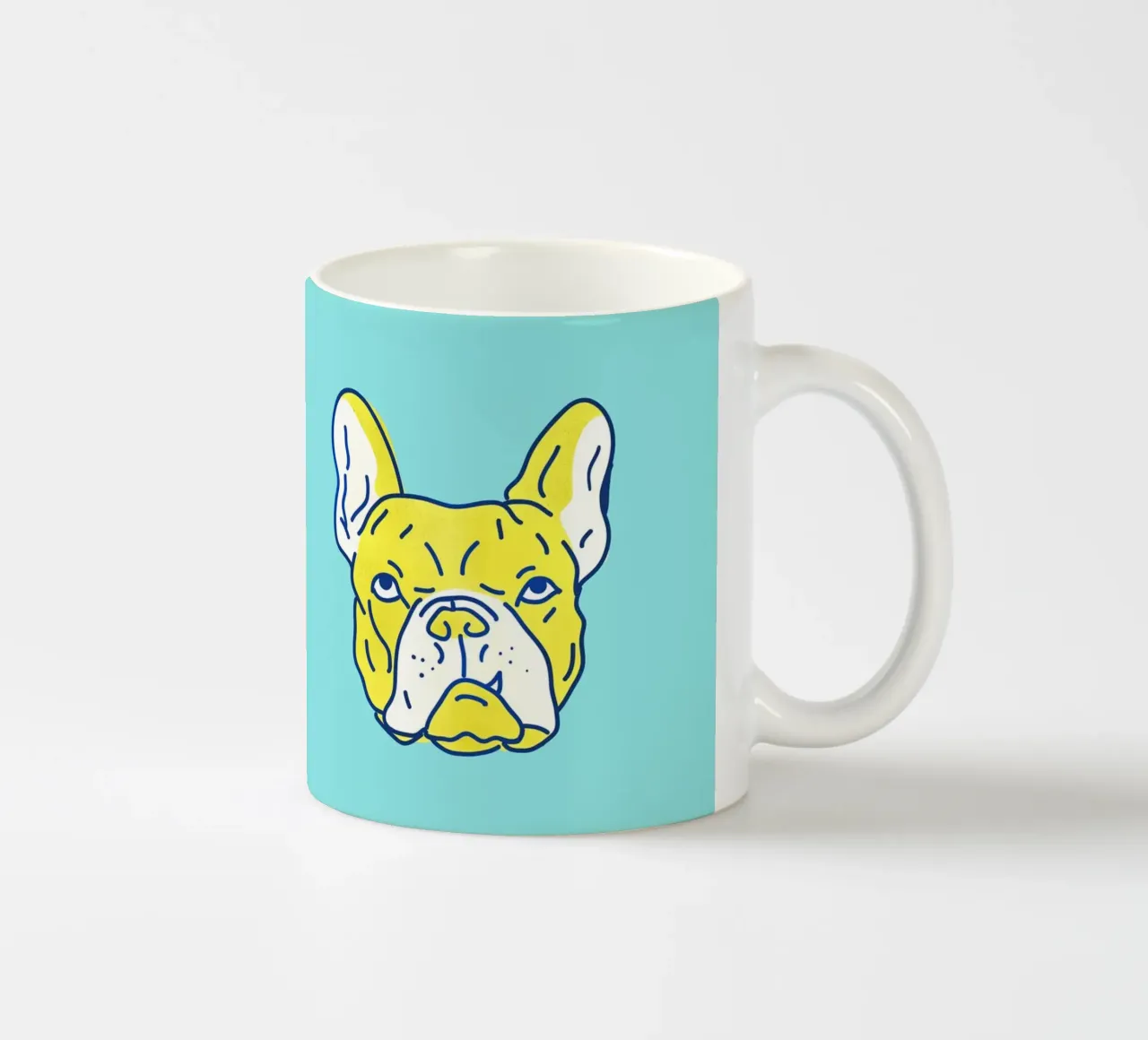 Pop Art Bulldog Portrait in Neon Blue and Yellow tazza in ceramica da showmemars