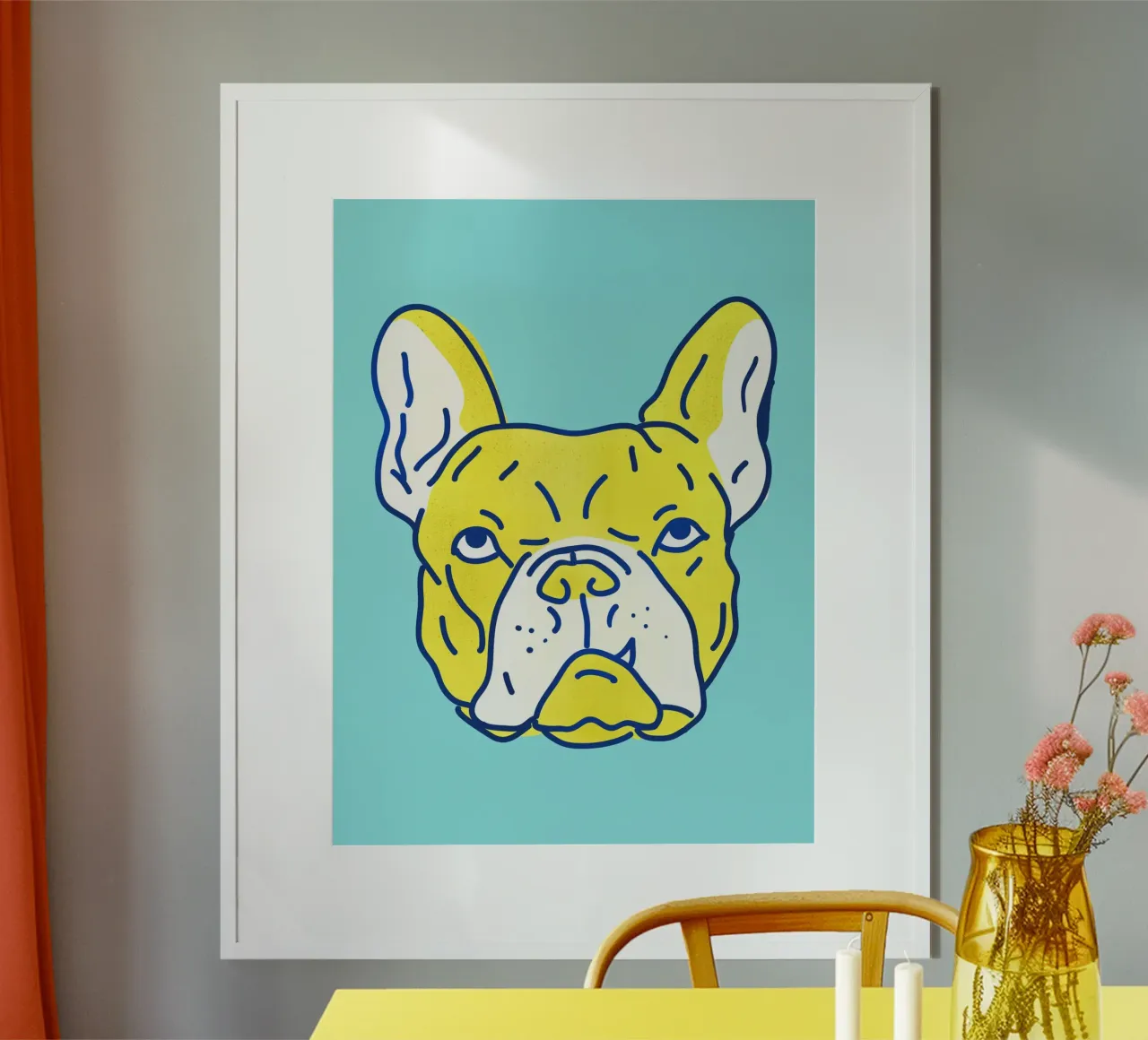 Pop Art Bulldog Portrait in Neon Blue and Yellow poster con telaio in plastica da showmemars