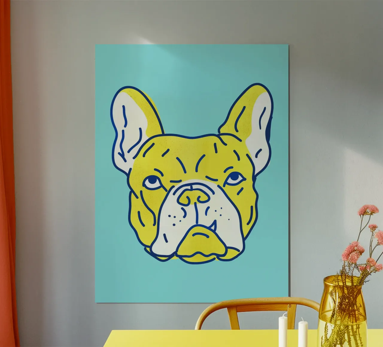 Pop Art Bulldog Portrait in Neon Blue and Yellow poster con telaio in plastica da showmemars