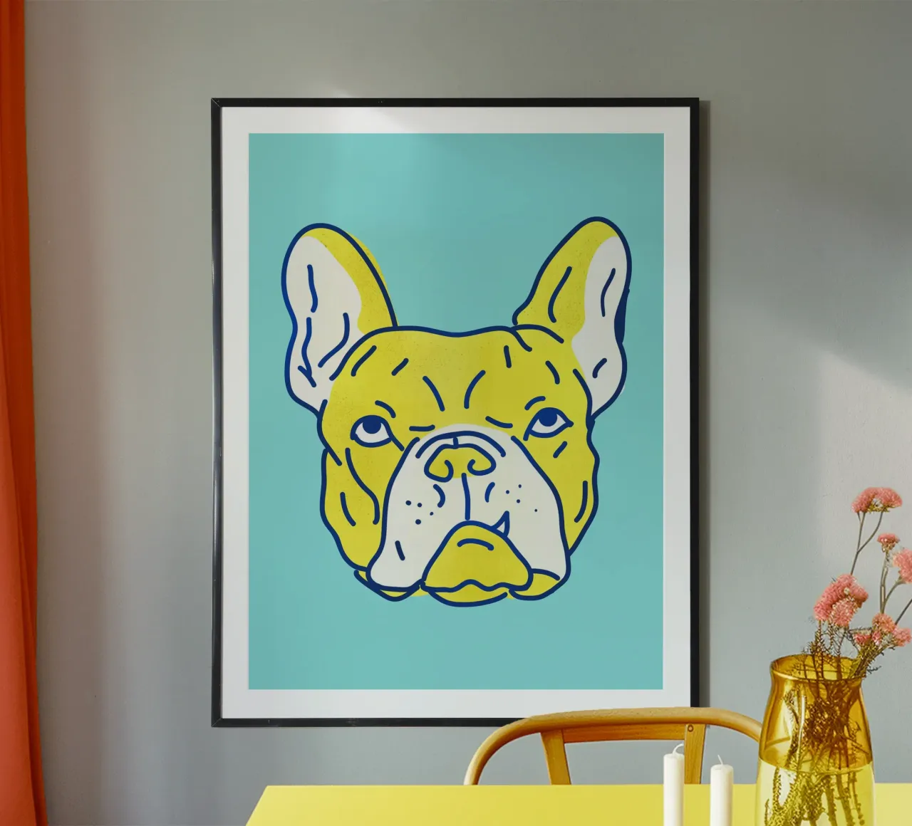 Pop Art Bulldog Portrait in Neon Blue and Yellow poster con telaio in plastica da showmemars