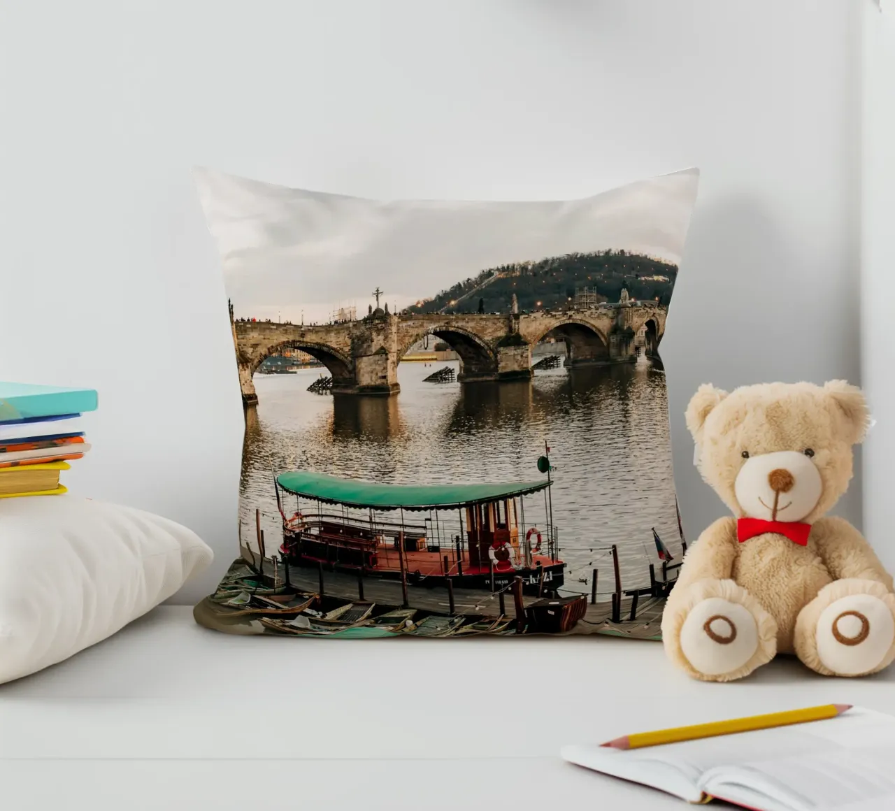 Evening atmosphere in Prague - twilight at Charles Bridge decorative cushion by Bold and Retro