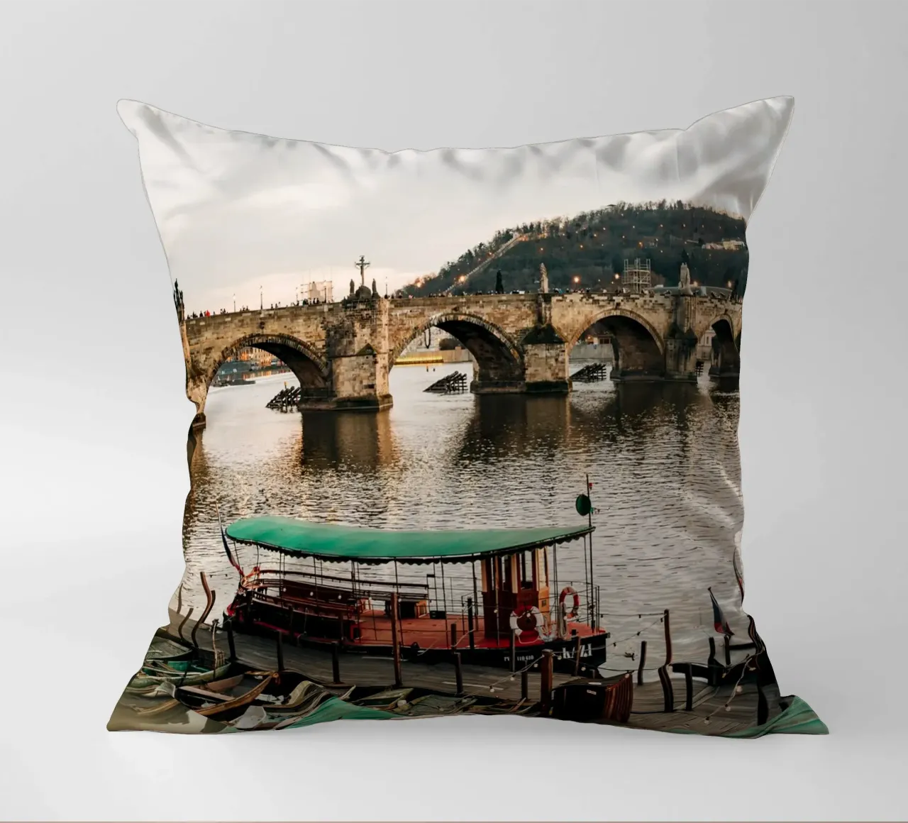Evening atmosphere in Prague - twilight at Charles Bridge decorative cushion by Bold and Retro