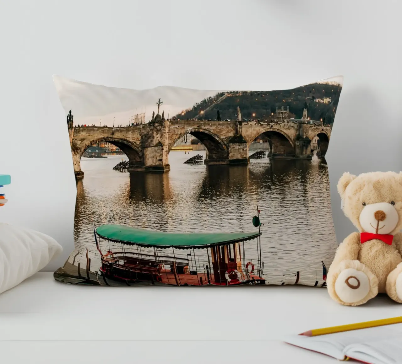 Evening atmosphere in Prague - twilight at Charles Bridge decorative cushion by Bold and Retro