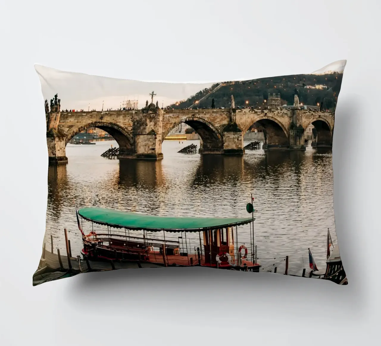 Evening atmosphere in Prague - twilight at Charles Bridge decorative cushion by Bold and Retro