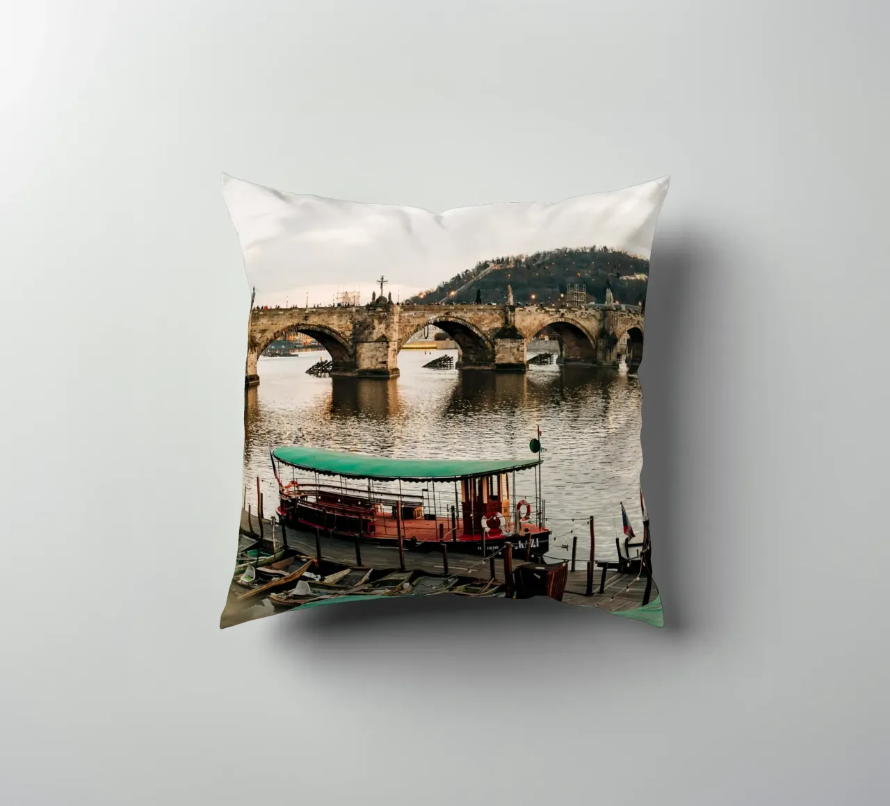 Evening atmosphere in Prague - twilight at Charles Bridge decorative cushion by Bold and Retro