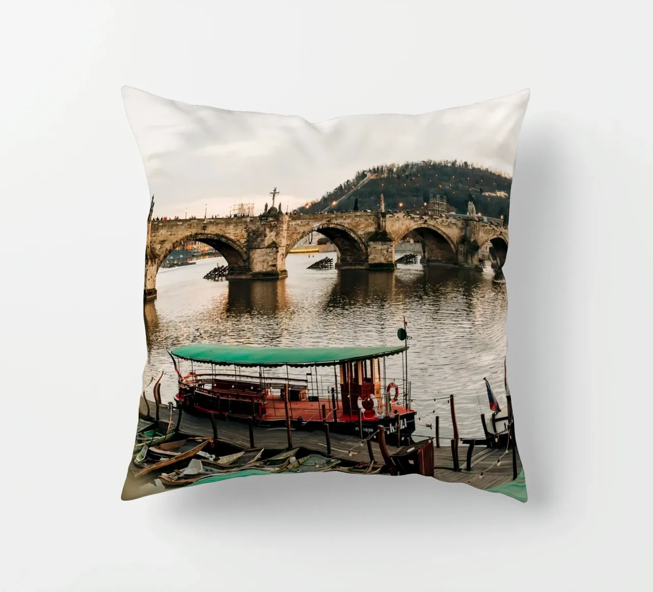 Evening atmosphere in Prague - twilight at Charles Bridge decorative cushion by Bold and Retro
