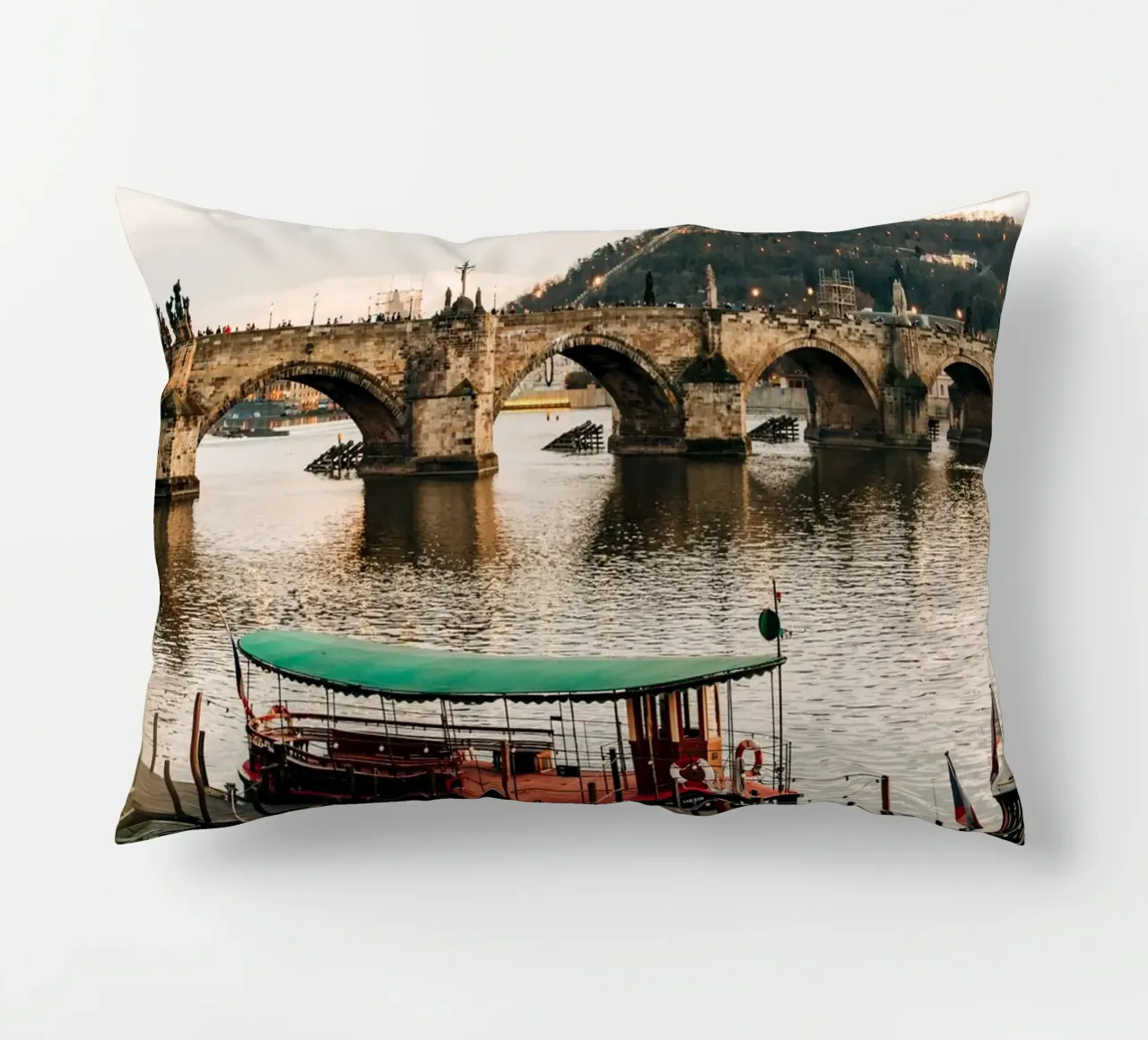 Evening atmosphere in Prague - twilight at Charles Bridge decorative cushion by Bold and Retro