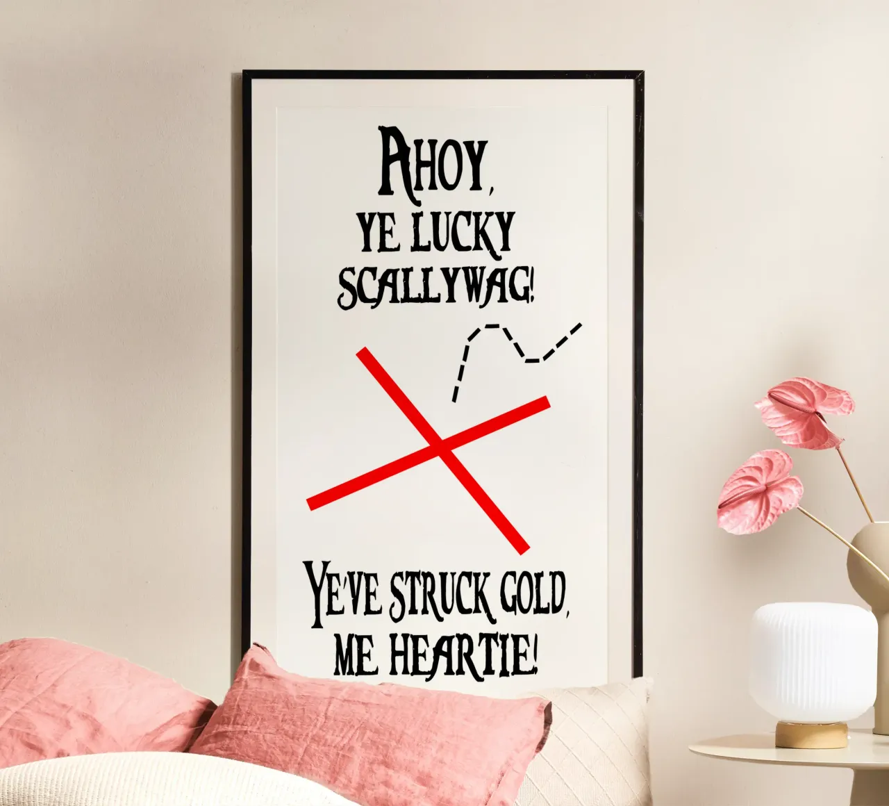 Funny Treasure Lucky Person Pirate Map Cross Text poster con marco de madera de sillyindustries