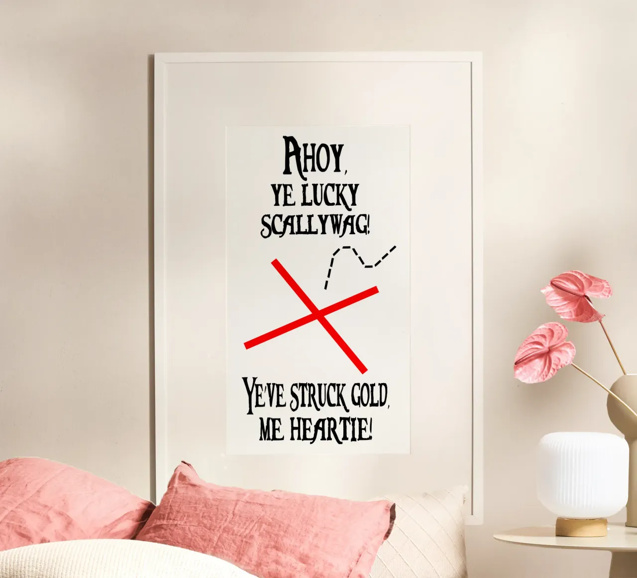 Funny Treasure Lucky Person Pirate Map Cross Text poster con marco de madera de sillyindustries