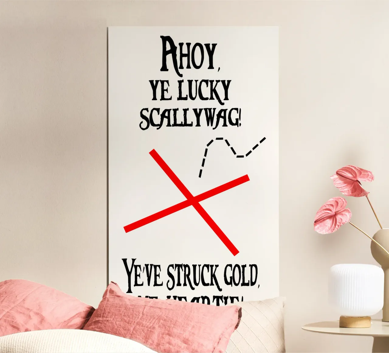 Funny Treasure Lucky Person Pirate Map Cross Text poster con marco de madera de sillyindustries