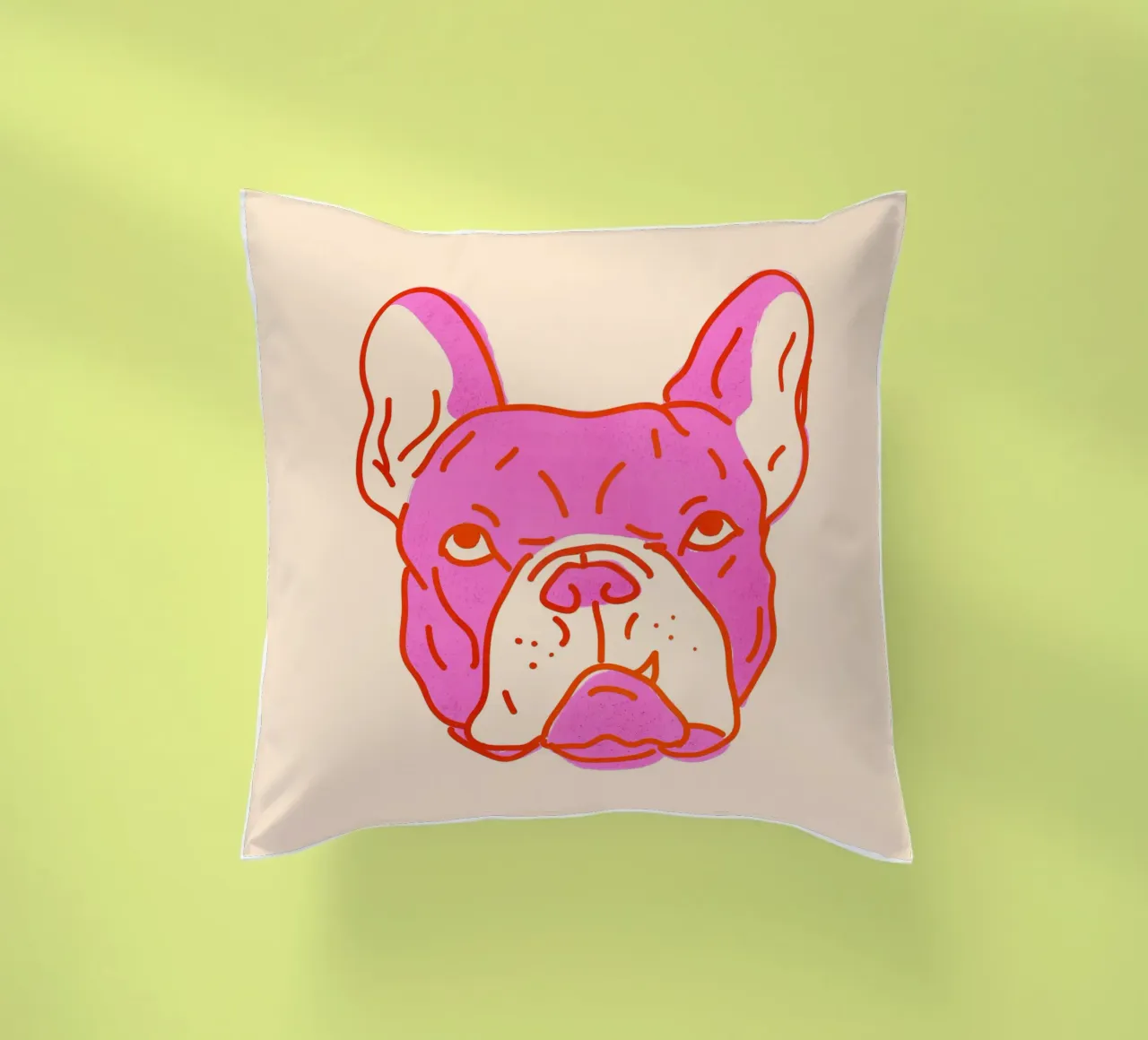Bulldog Pop Art in rosa caldo e arancione su crema cuscino da showmemars