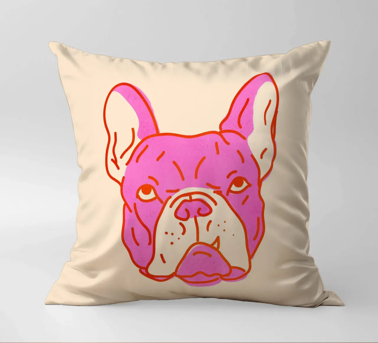 Bulldog Pop Art in rosa caldo e arancione su crema cuscino da showmemars