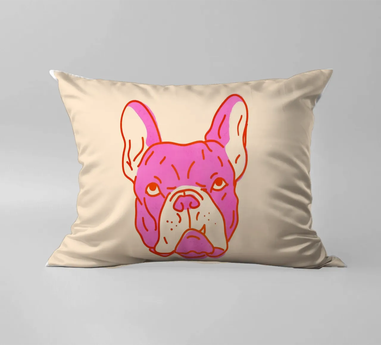 Bulldog Pop Art in rosa caldo e arancione su crema cuscino da showmemars