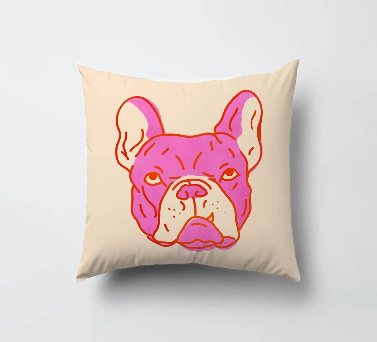 Bulldog Pop Art in rosa caldo e arancione su crema cuscino da showmemars
