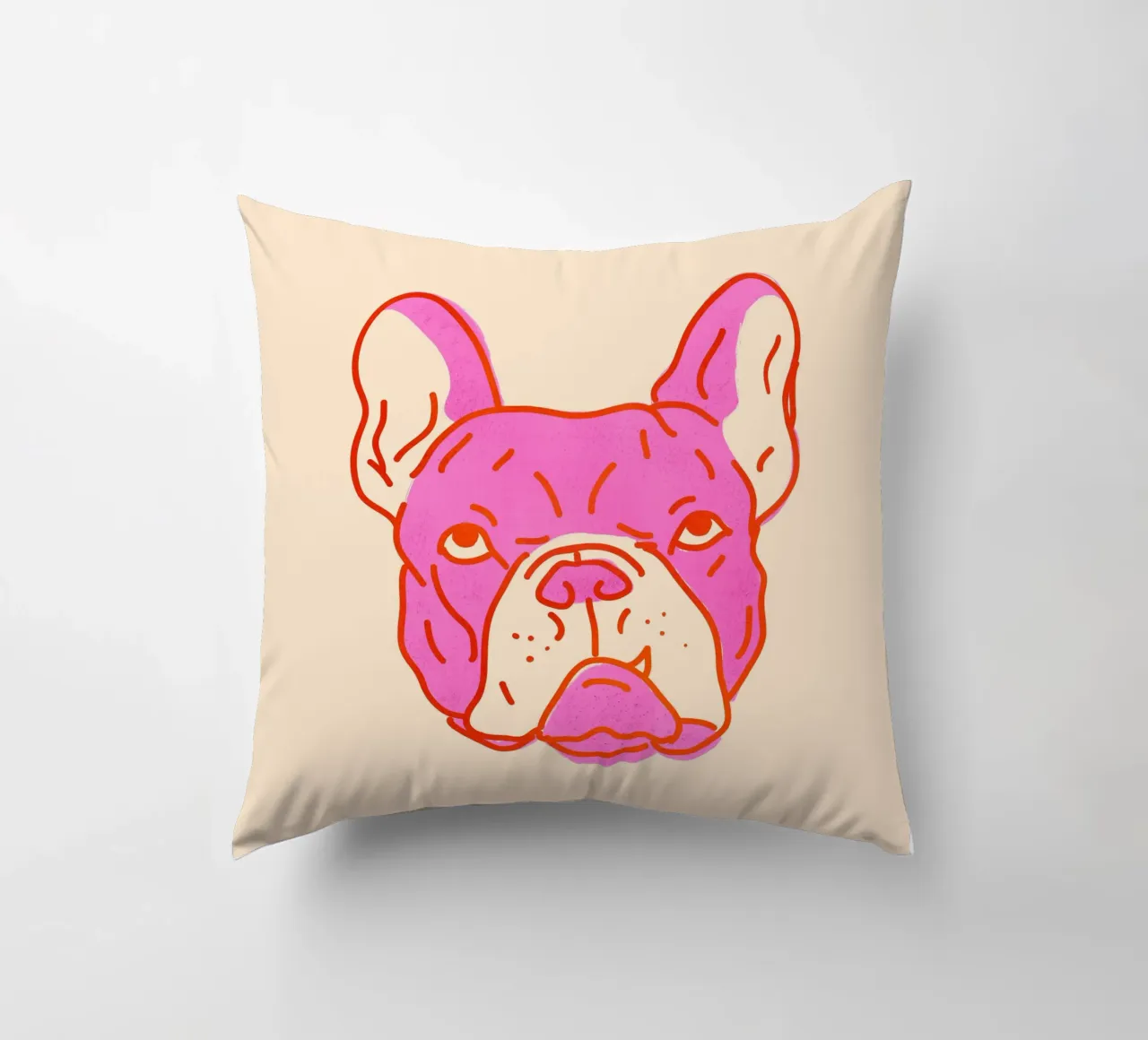 Bulldog Pop Art in rosa caldo e arancione su crema cuscino da showmemars