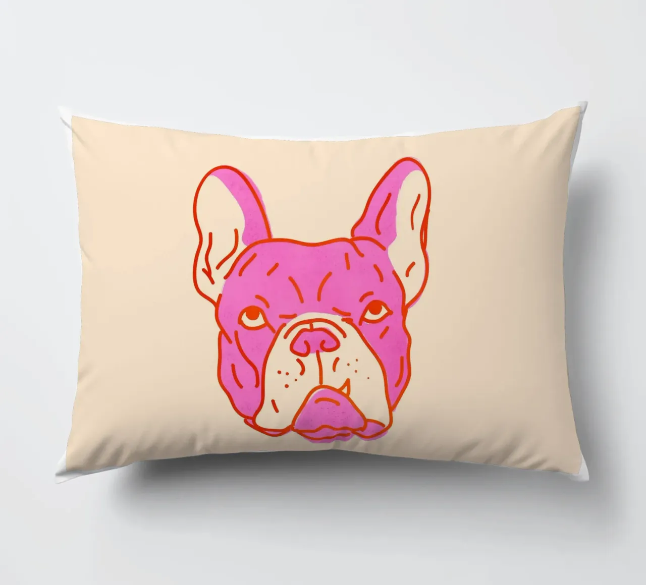Bulldog Pop Art in rosa caldo e arancione su crema cuscino da showmemars