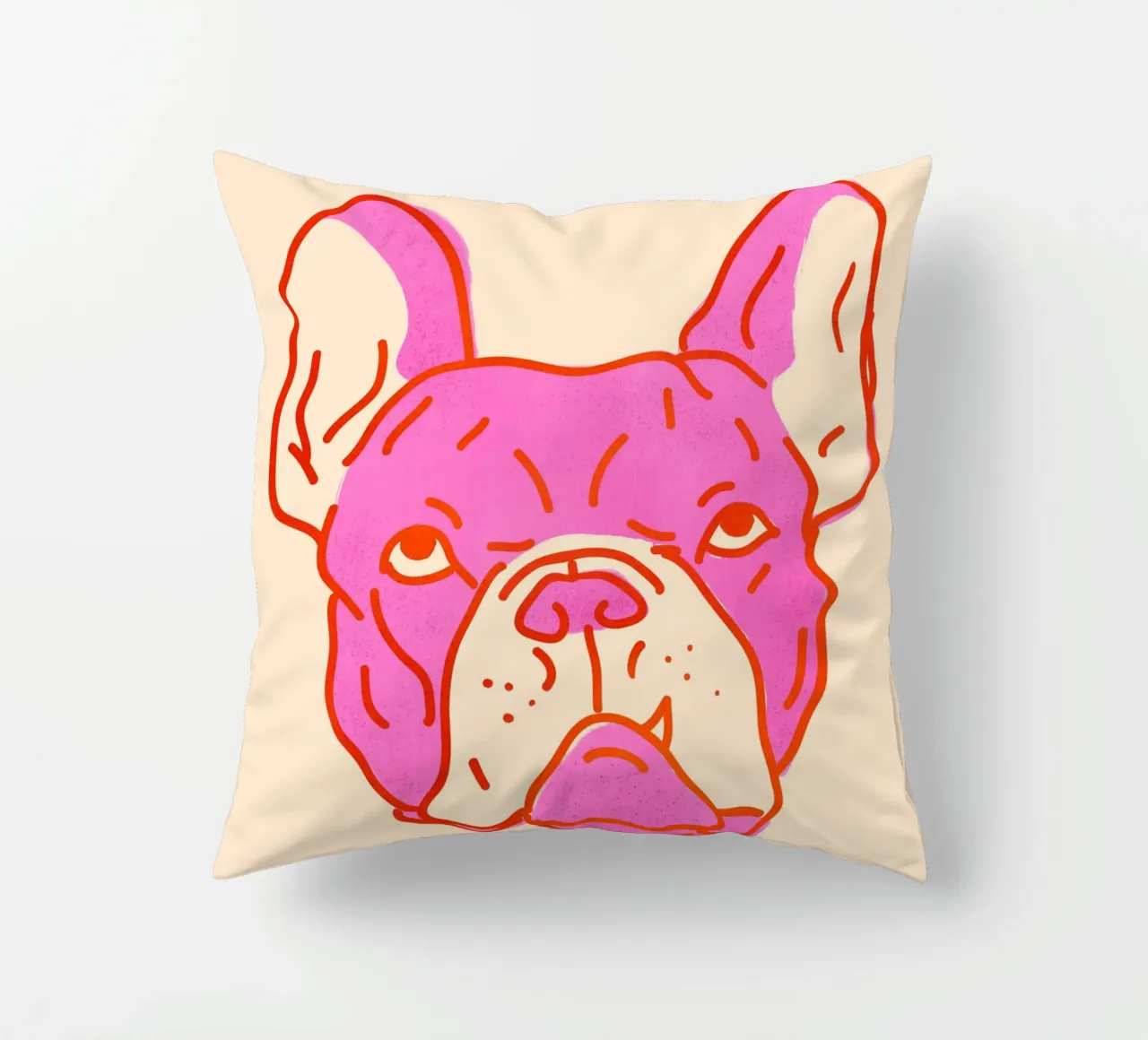 Bulldog Pop Art in rosa caldo e arancione su crema cuscino da showmemars