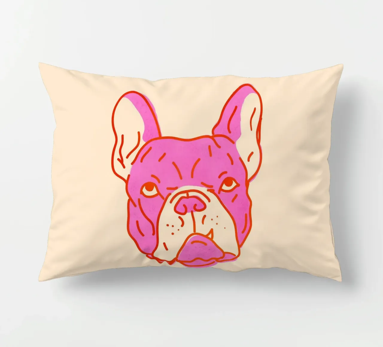 Bulldog Pop Art in rosa caldo e arancione su crema cuscino da showmemars