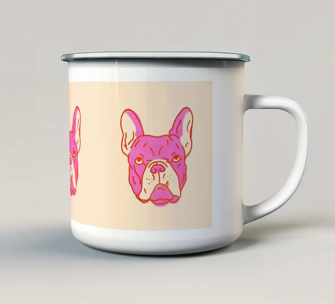 Bulldog Pop Art in rosa caldo e arancione su crema tazza in smalto da showmemars