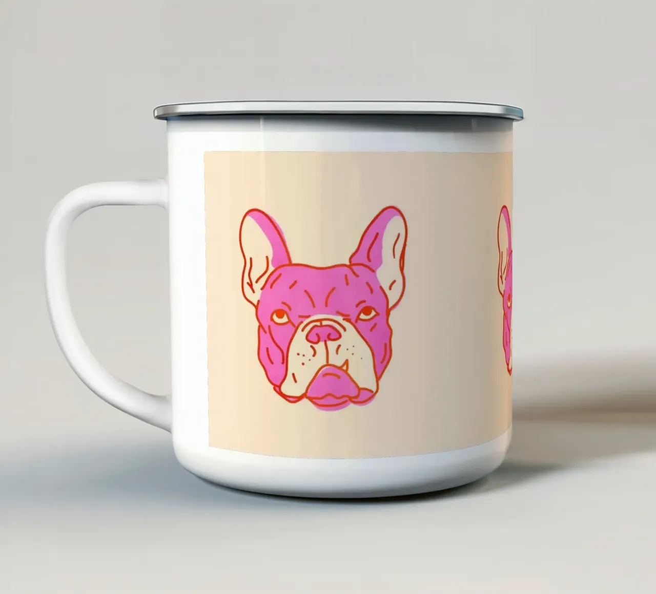 Bulldog Pop Art in rosa caldo e arancione su crema tazza in smalto da showmemars