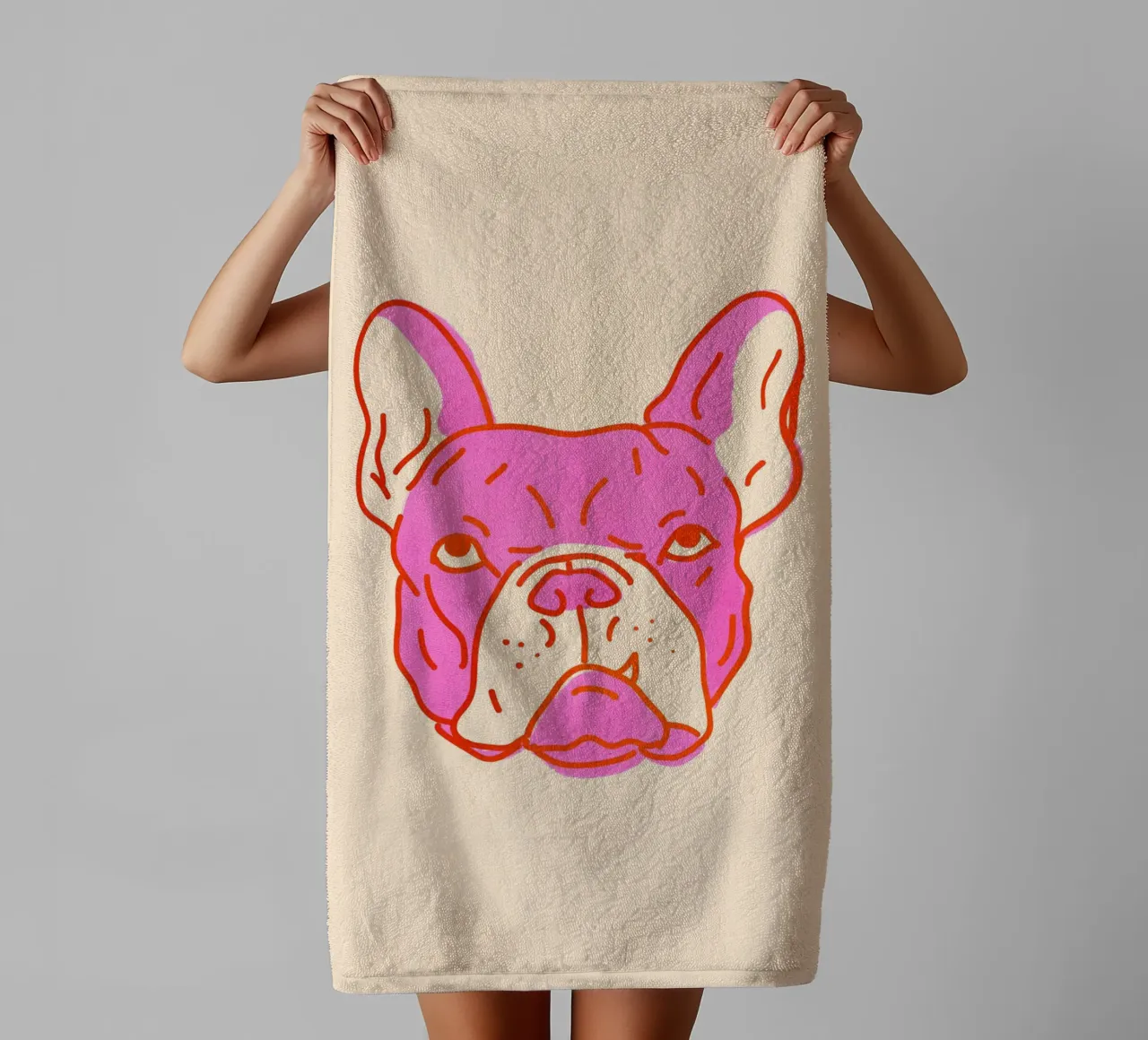 Bulldog Pop Art in rosa caldo e arancione su crema asciugamano da bagno da showmemars