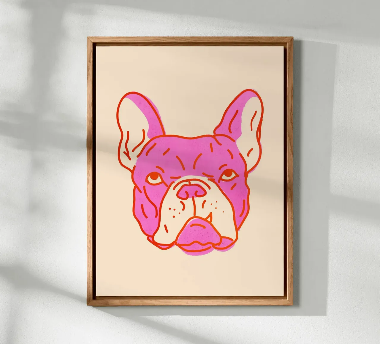 Bulldog Pop Art in rosa caldo e arancione su crema pannello forex da showmemars