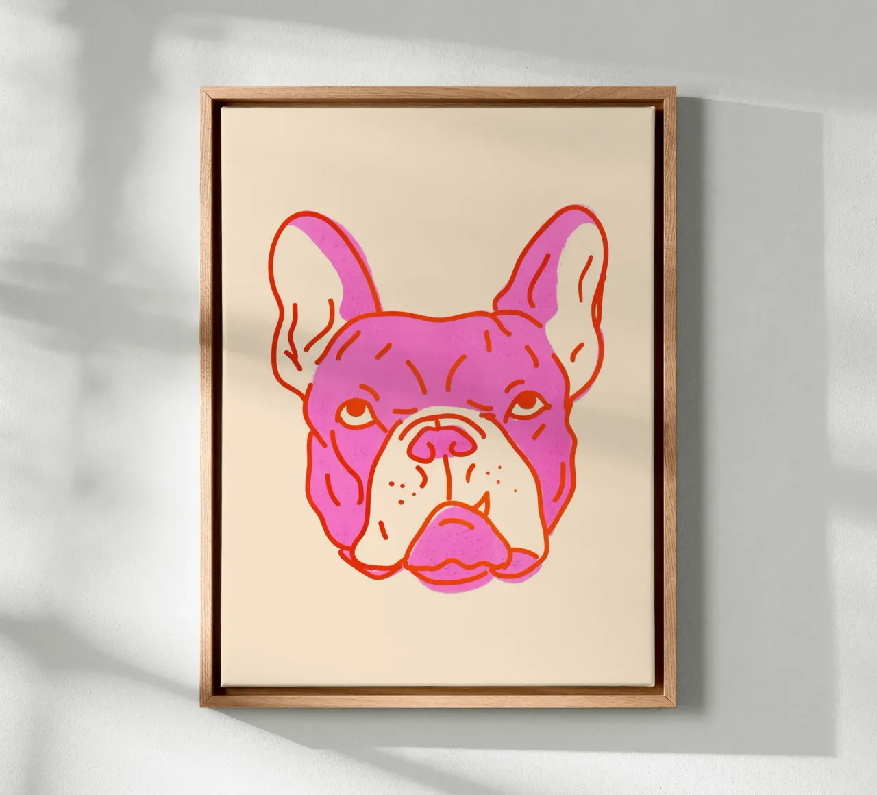 Bulldog Pop Art in rosa caldo e arancione su crema tela con Cornice a cassetta da showmemars