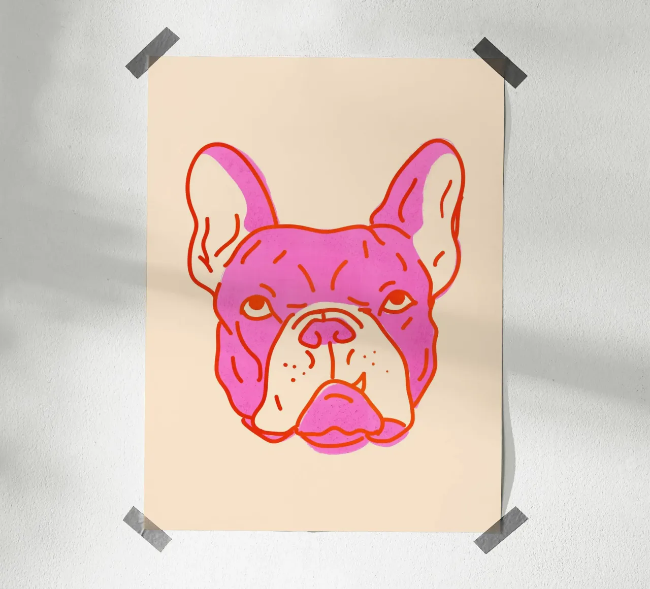 Bulldog Pop Art in rosa caldo e arancione su crema carta hahnemühle da showmemars