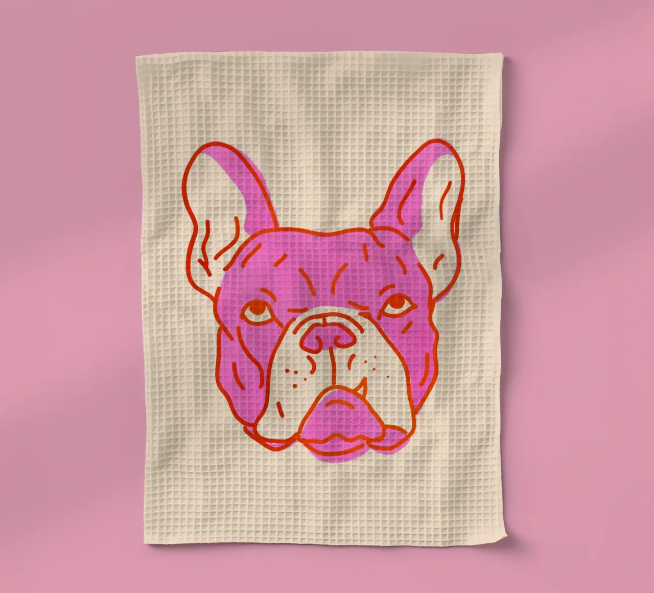 Bulldog Pop Art in rosa caldo e arancione su crema canovaccio da cucina da showmemars