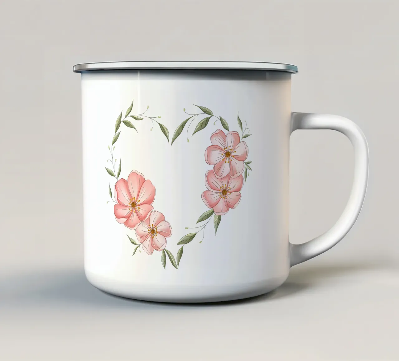 Cuore con fiori e foglie delicate. Romantico tazza in smalto da CalliLetters