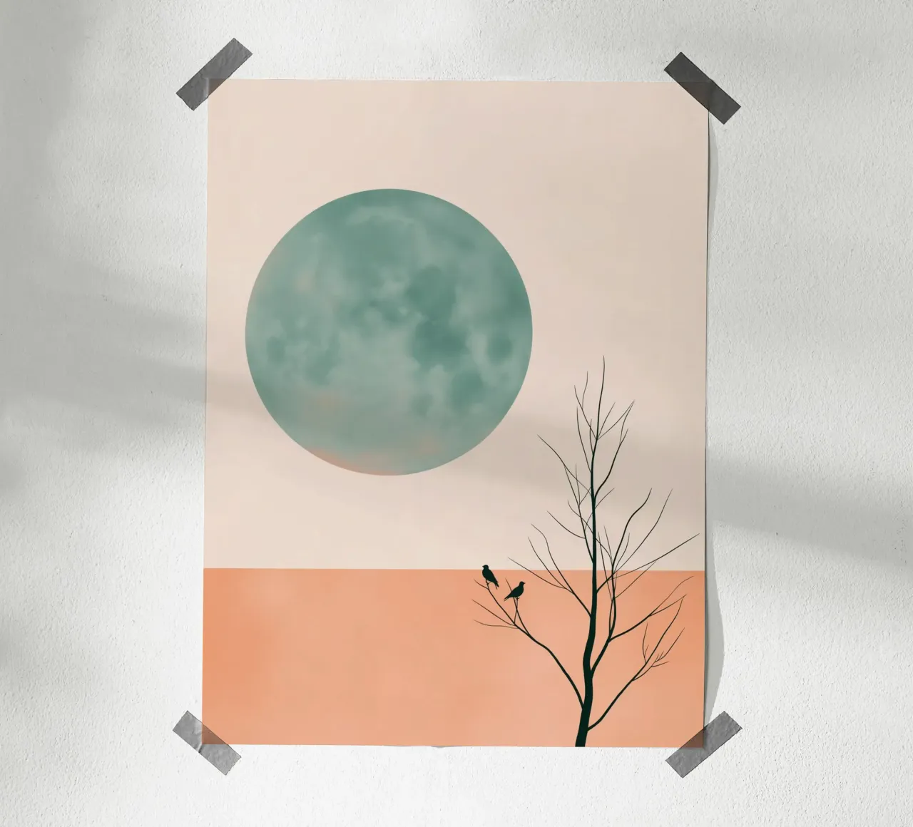 Luna verde e uccelli poster con telaio in plastica da DWA