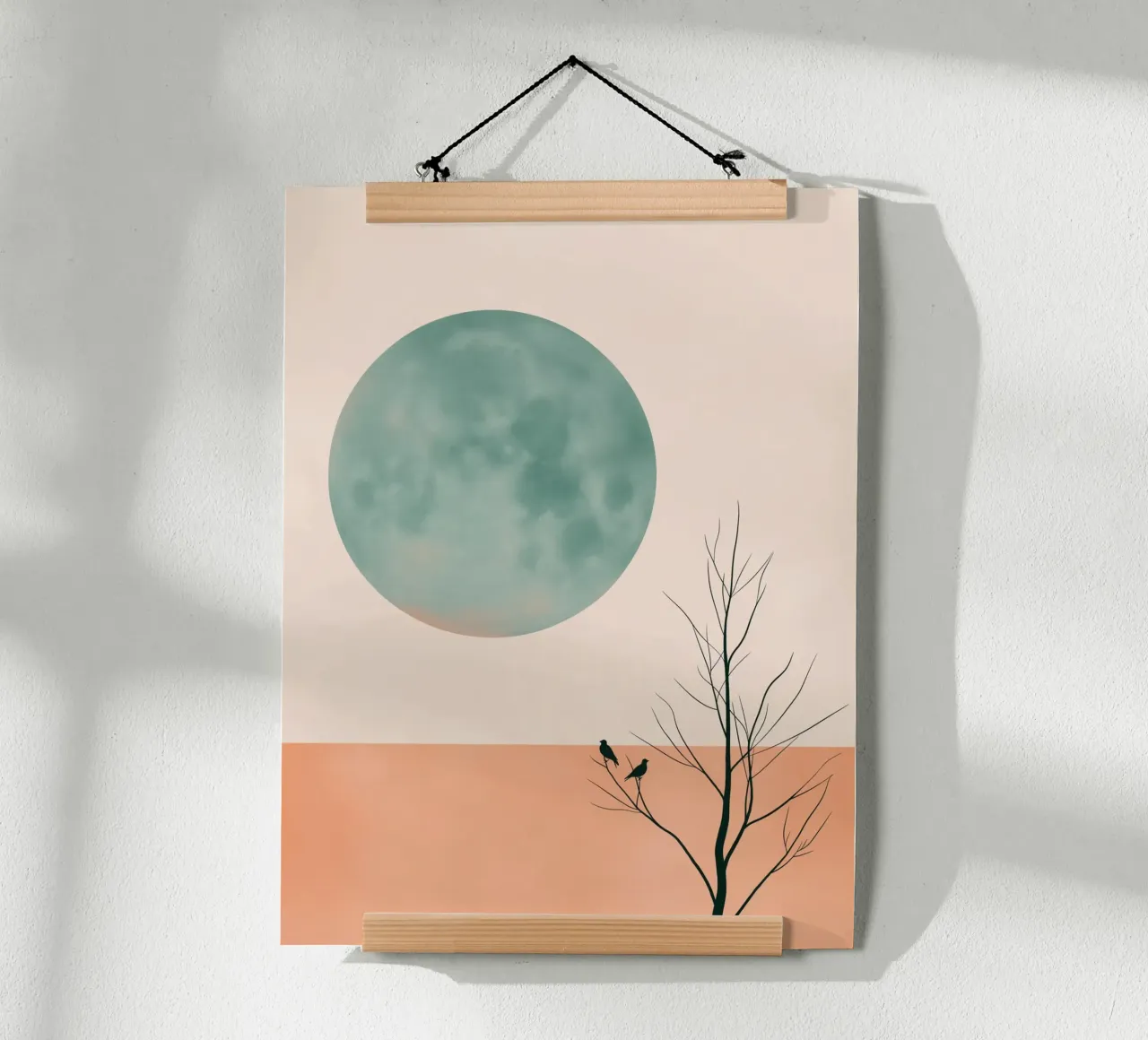 Luna verde e uccelli poster con telaio in plastica da DWA