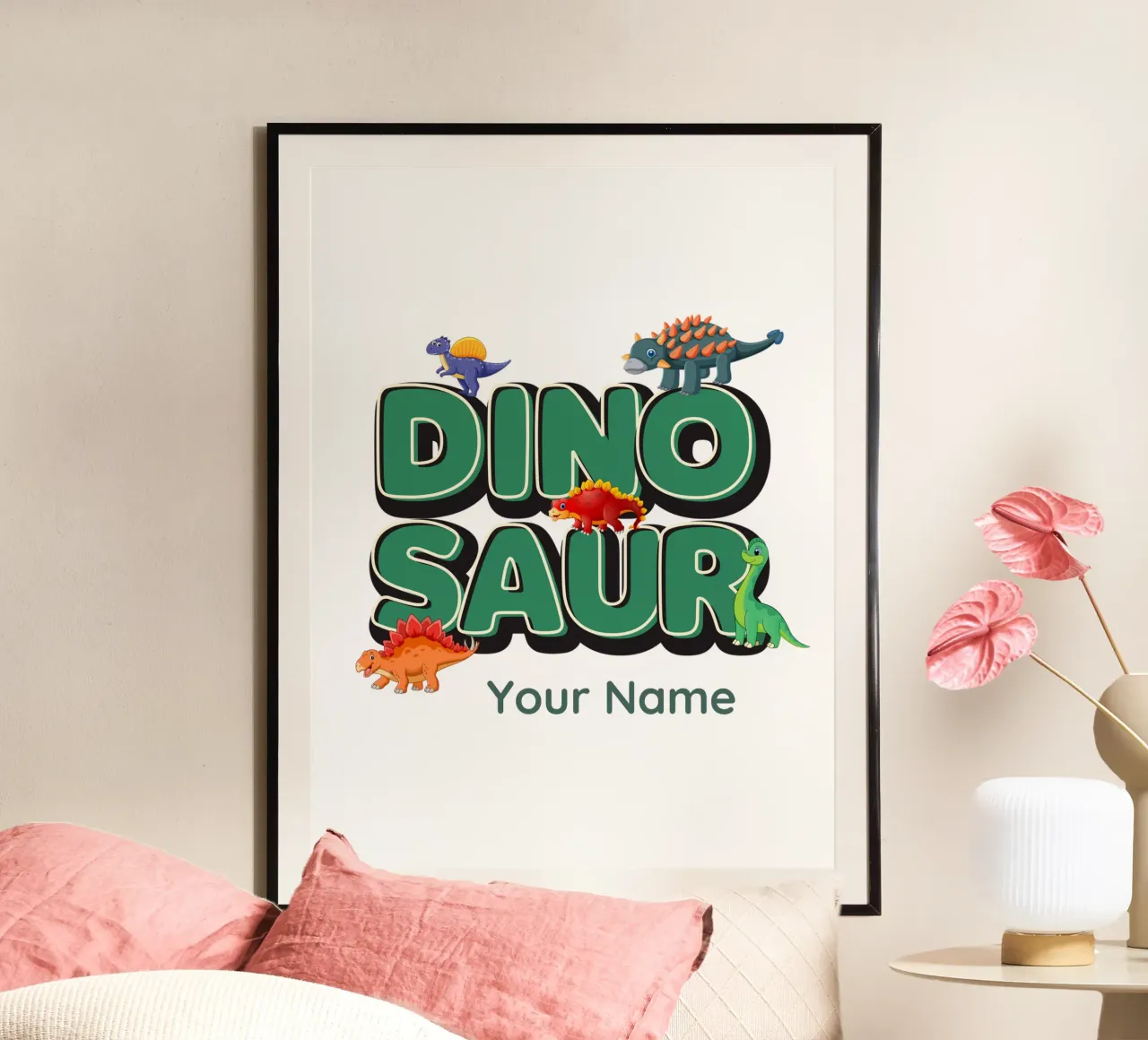 Avventura con i dinosauri poster con telaio in plastica da Doodle Dreams Art