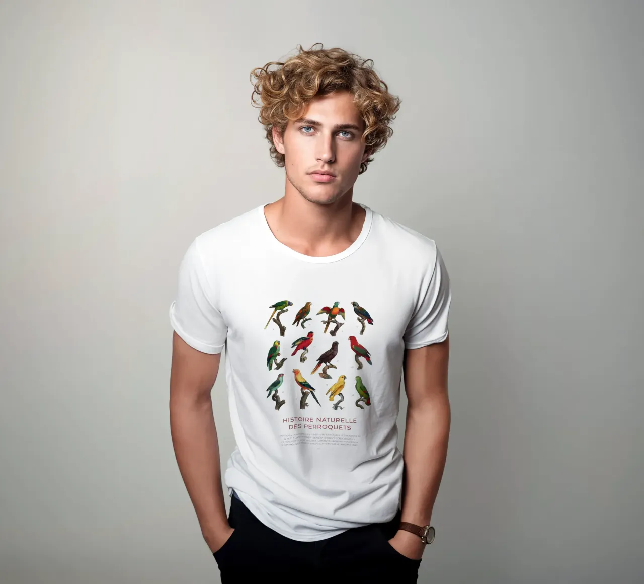 Tabella di identificazione di pappagalli e parrocchetti t-shirt da Vintagrafica