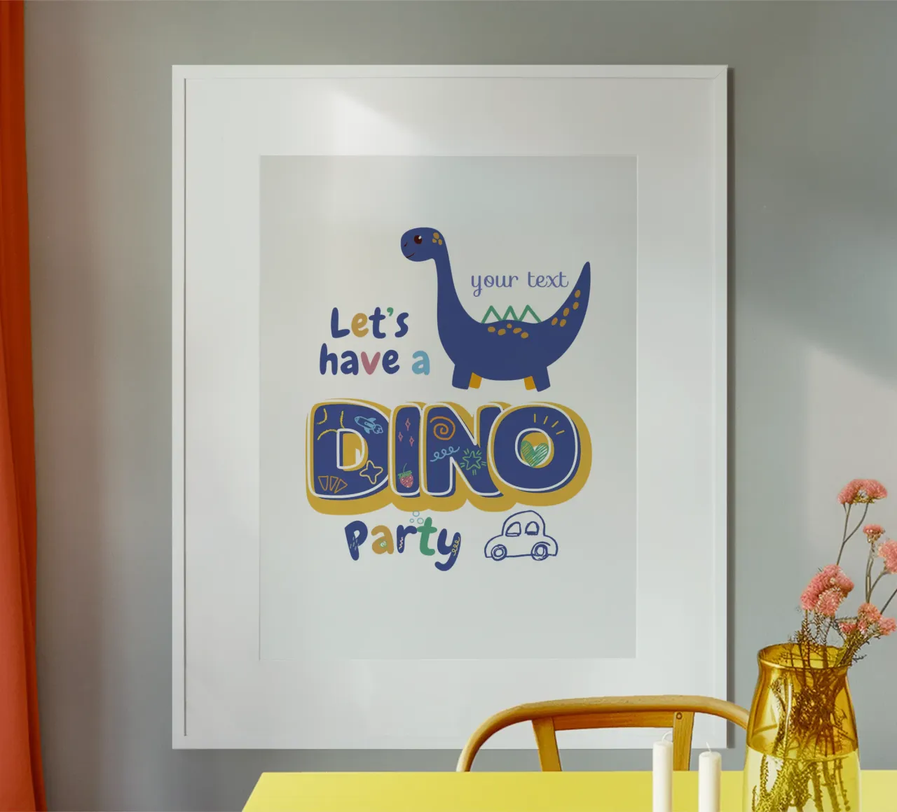 Little Dino Fest poster con telaio in plastica da Doodle Dreams Art