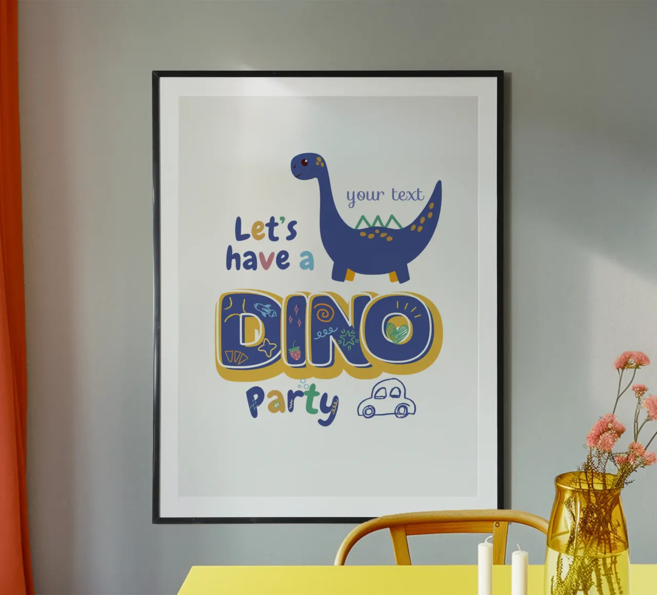 Little Dino Fest poster con telaio in plastica da Doodle Dreams Art