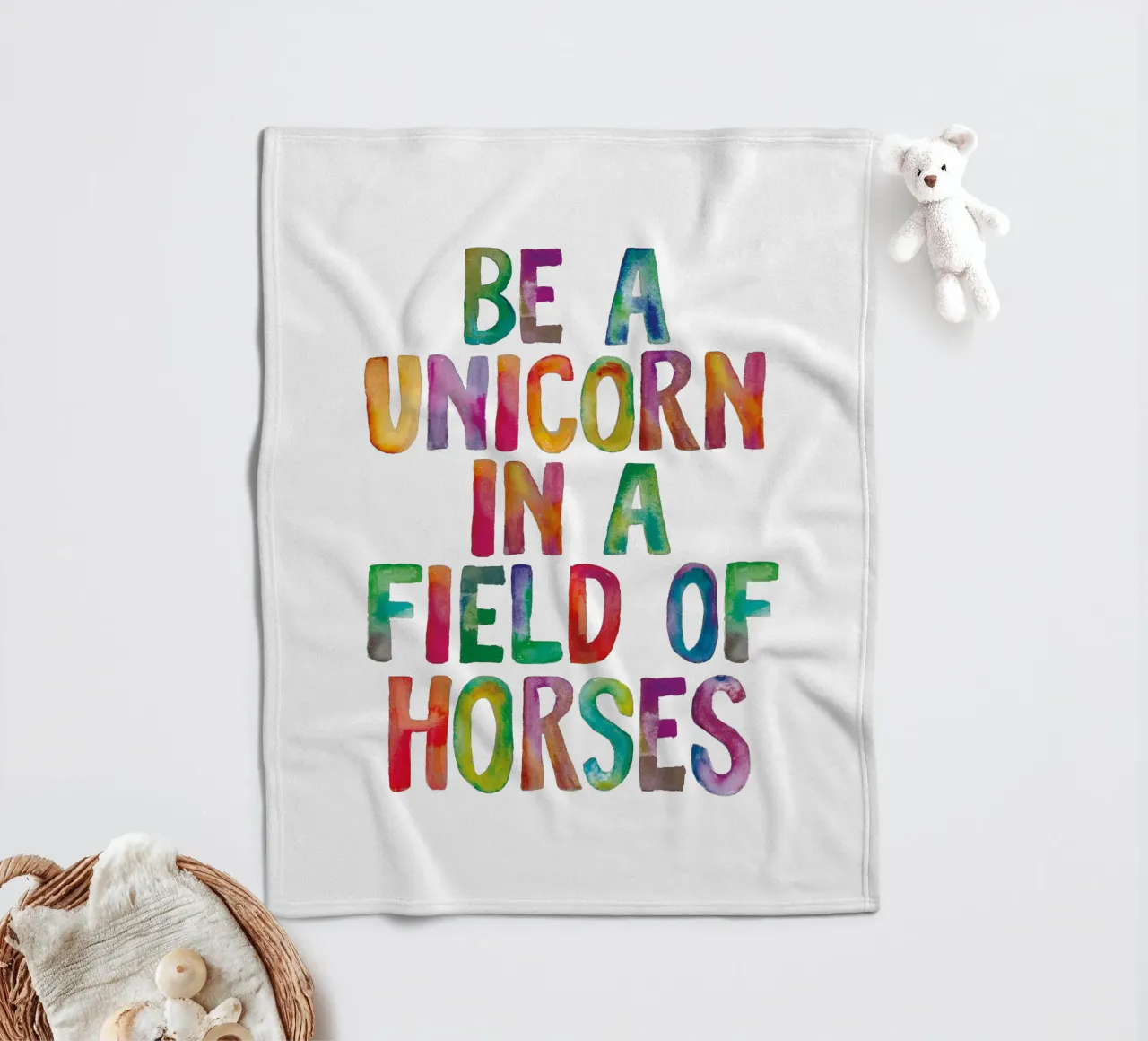 Be a Unicorn in a Field of Horses Rainbow Typography Design fleece blanket by THE MOTIVATED TYPE