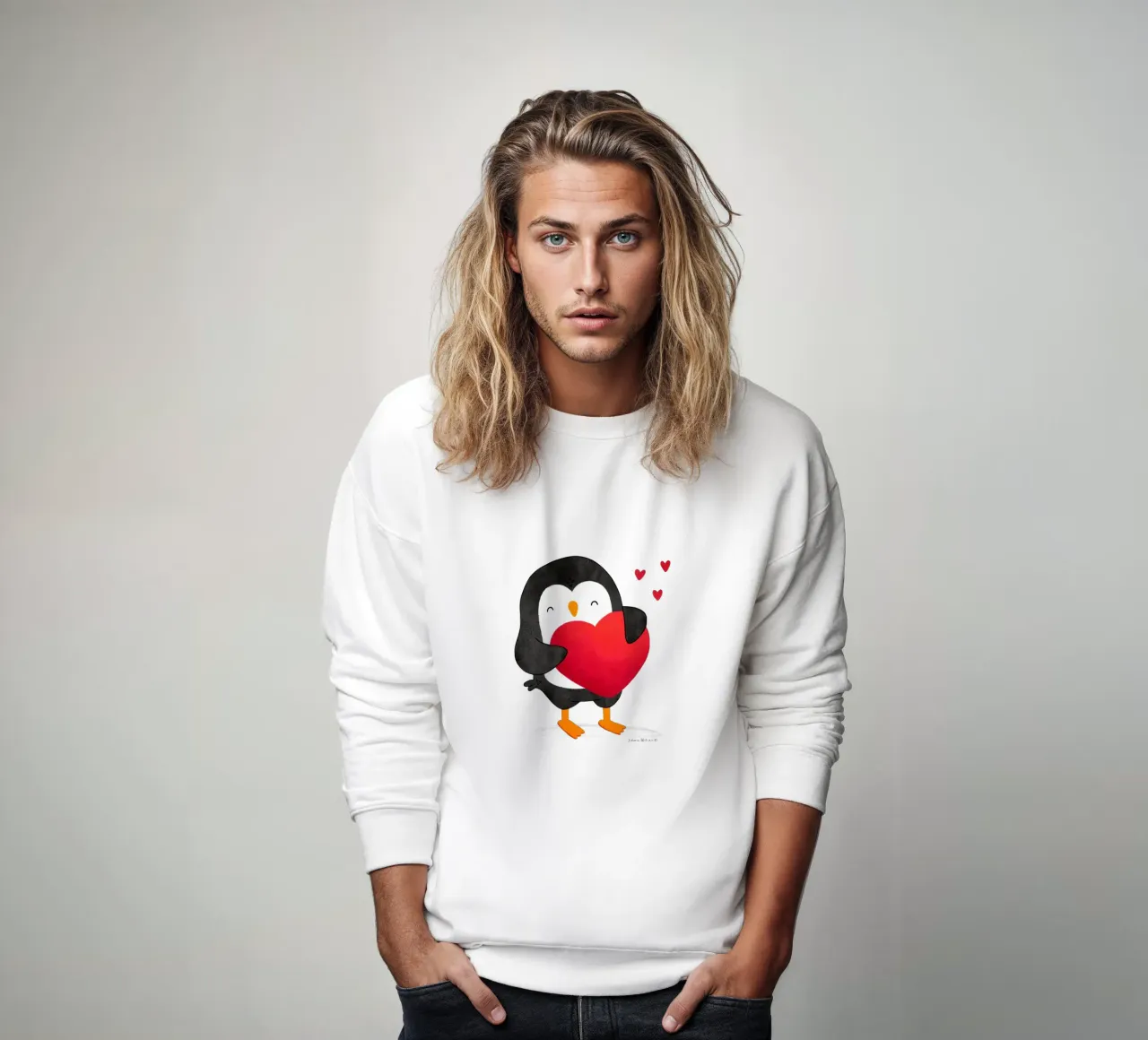 Pinguino felice con un grande cuore rosso felpa da julianamotzko