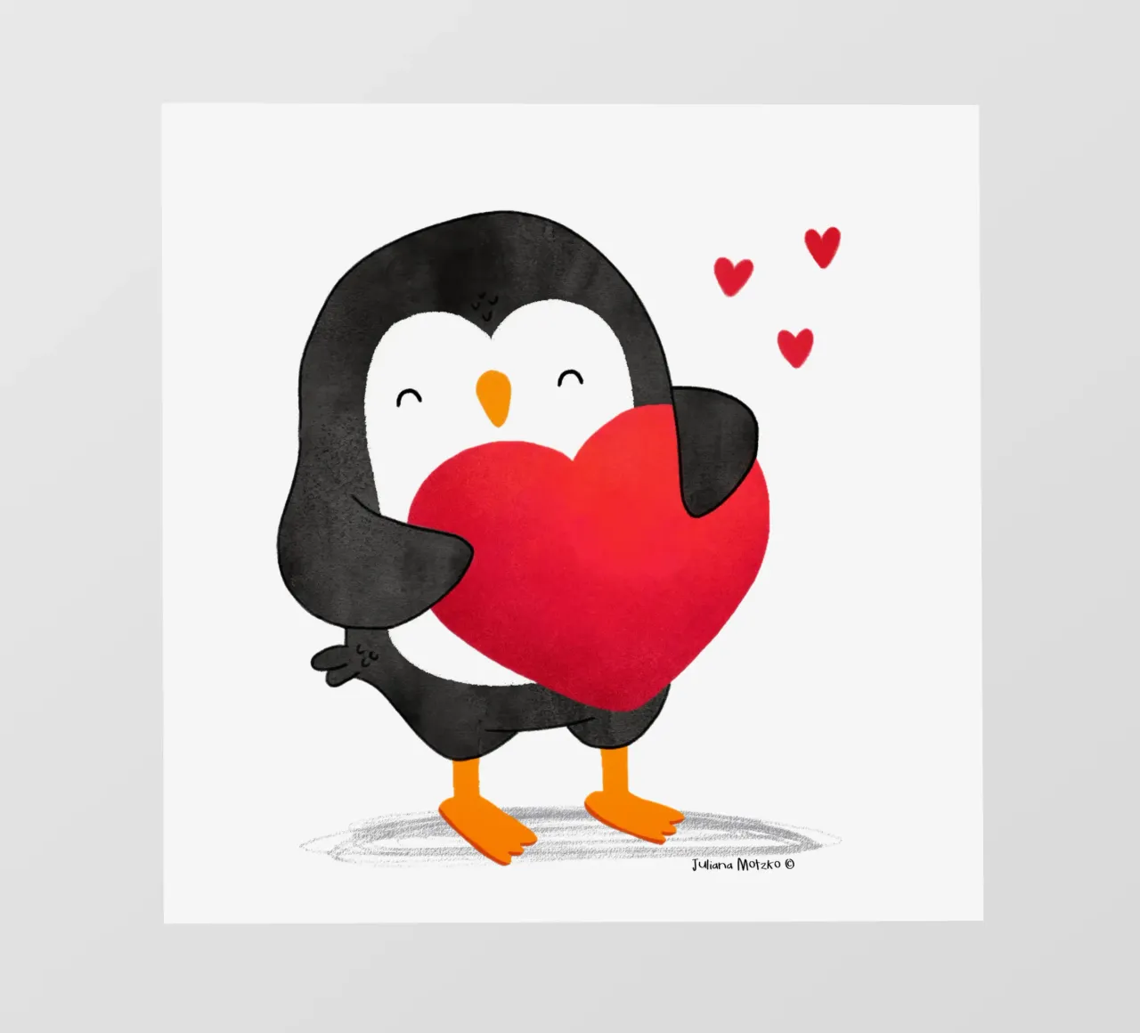 Pinguino felice con un grande cuore rosso pellicola backlit da julianamotzko
