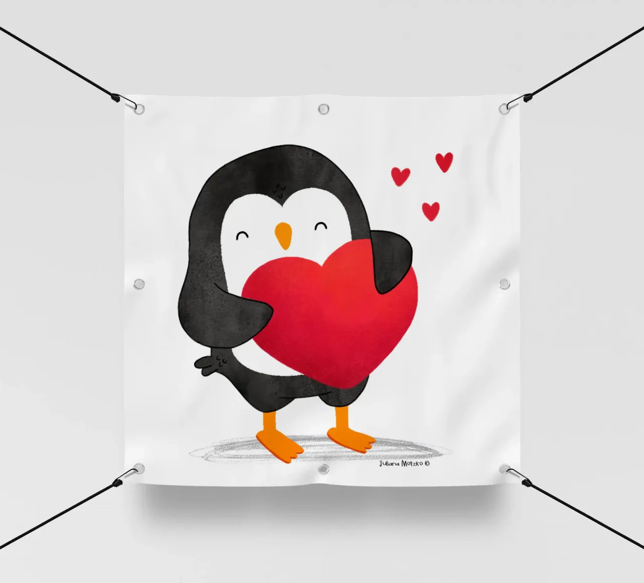 Pinguino felice con un grande cuore rosso telo in pvc da julianamotzko