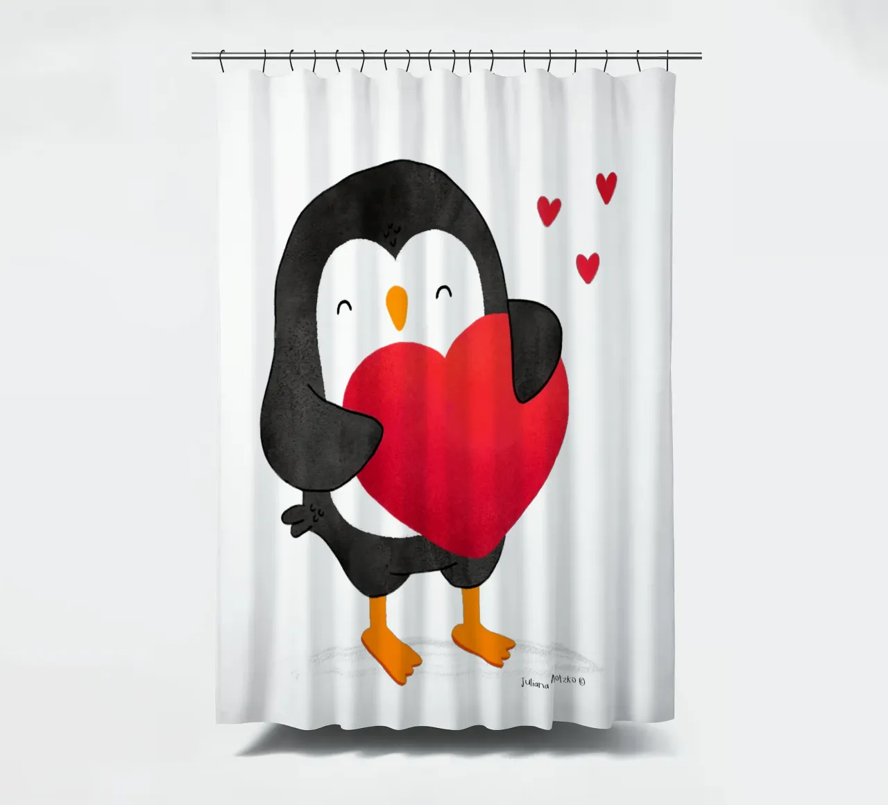 Pinguino felice con un grande cuore rosso tenda da doccia da julianamotzko