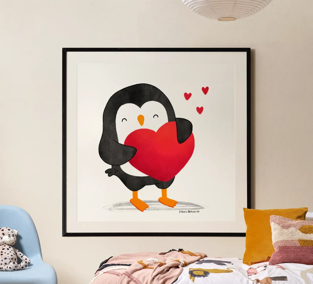 Pinguino felice con un grande cuore rosso carta hahnemühle da julianamotzko
